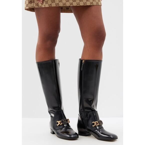 Gucci Interlocking GG Chain Patent Leather Knee Boots - Picture 1 of 16
